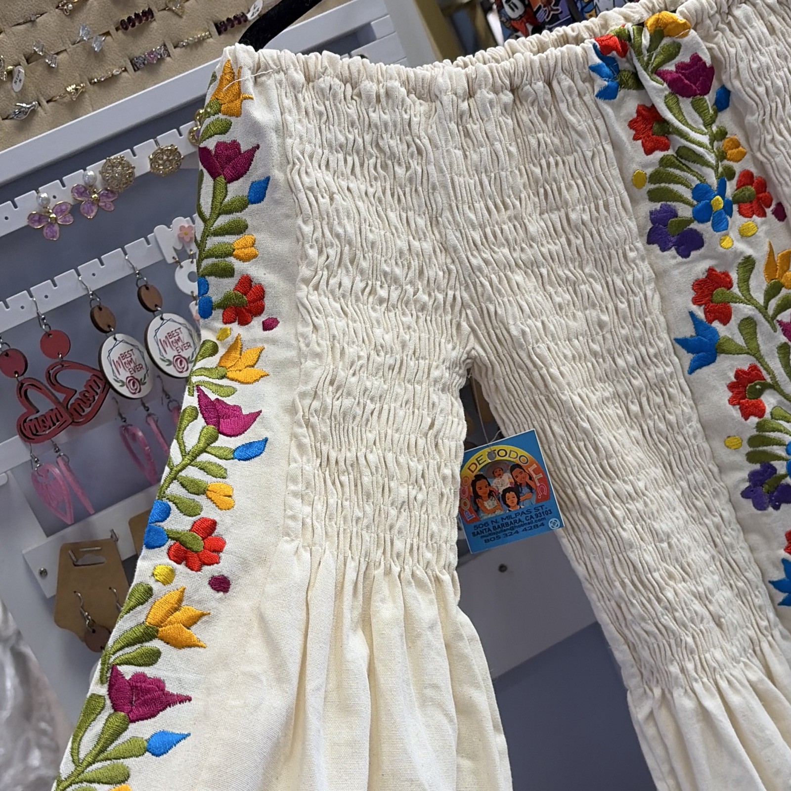 Off Shoulder Smocked Embroidered Lace Trim Midi Dress, White, size m
