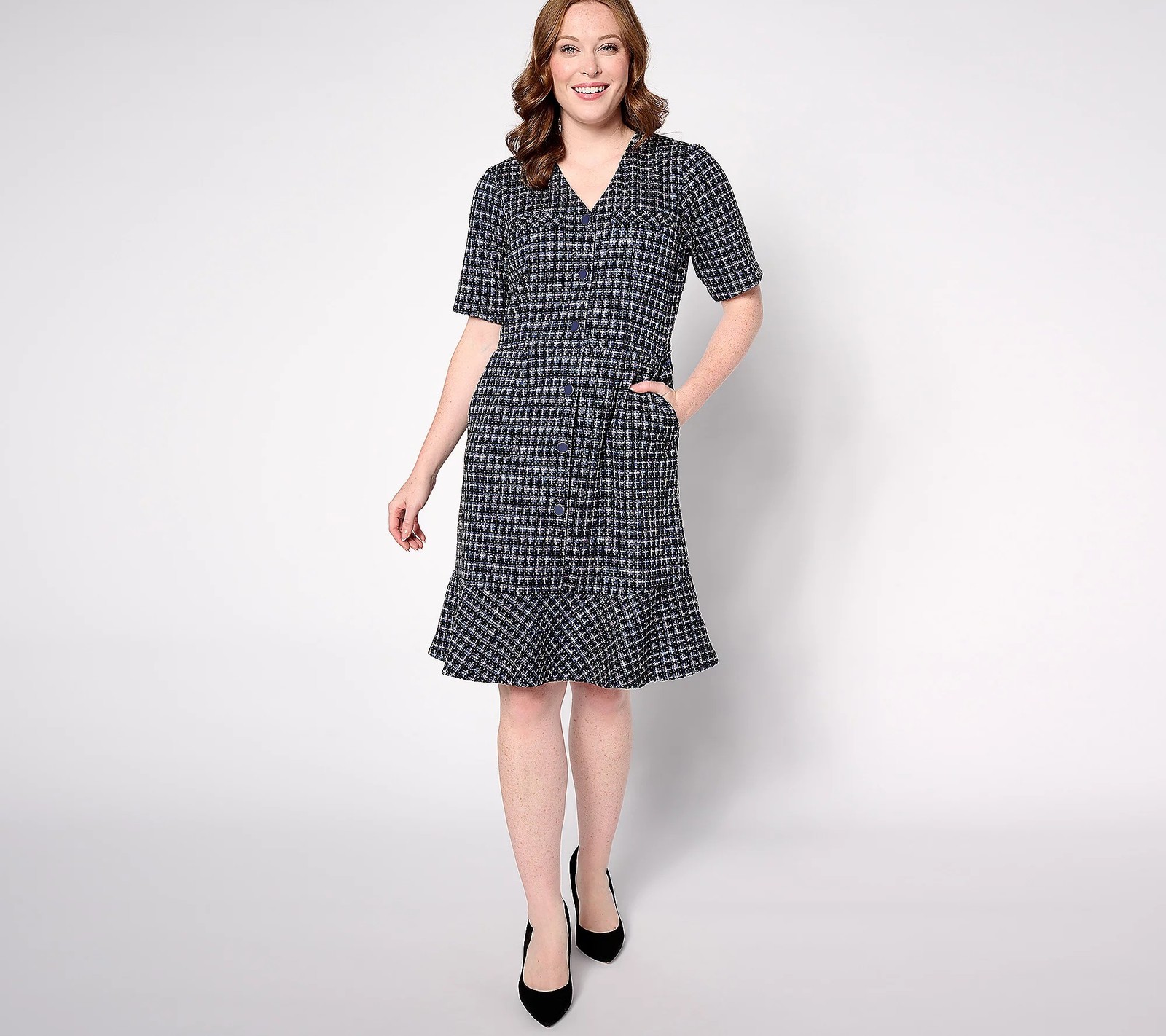 Isaac Mizrahi Live! Petite Chenille Yarn Knit Tweed Dress Dark Blue L New