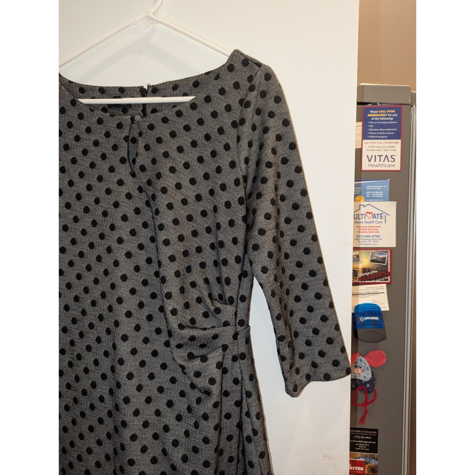 Talbots Black Polka Dot faux Wrap Dress 3/4 Sleeve Boat Neck Women’s Size M