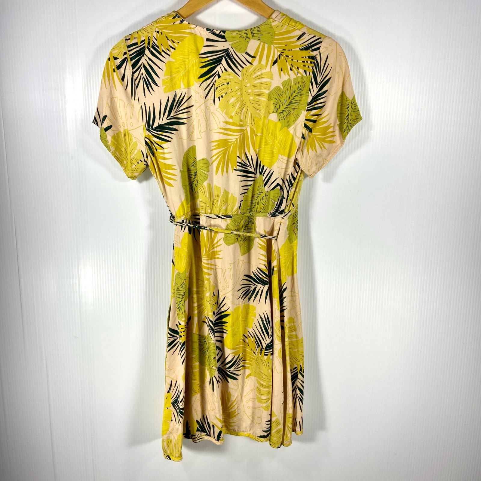 Bohme Shauna Tropical Mini Wrap Dress Apricot Green Yellow Womens Small