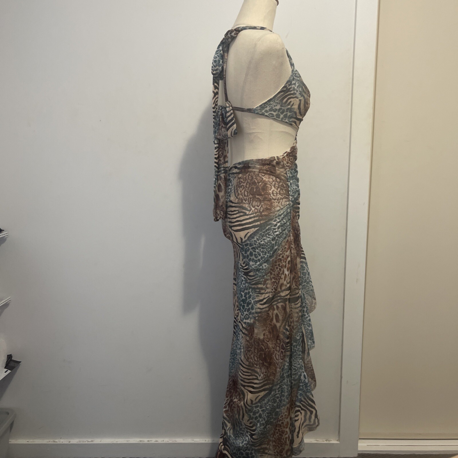 SHEIN BAE Hollow Out Random Printed High Slit Ruffle Hem Dress XS
