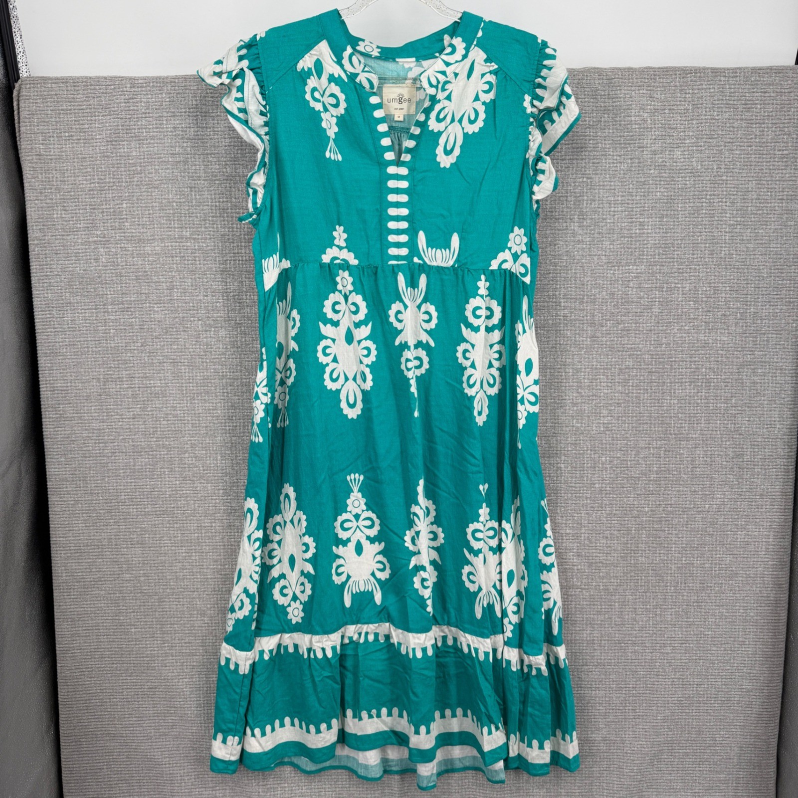 Umgee Dress Sz M Teal White Midi Damask Ikat Ruffle Sleeve Empire Waist Boho