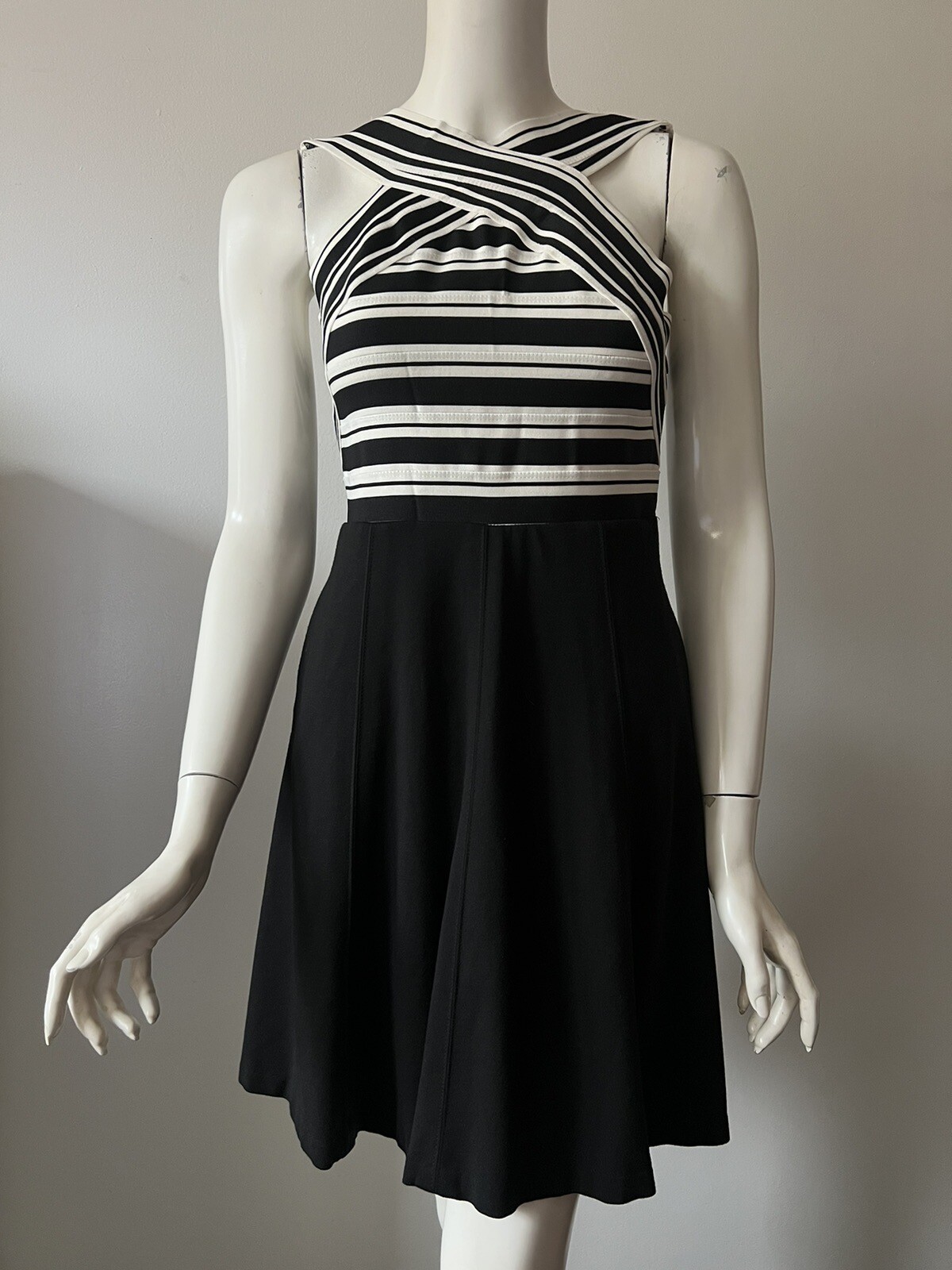 Maeve Anthropologie Black White Stripe Bandage Strap Fit Flare Dress US 2