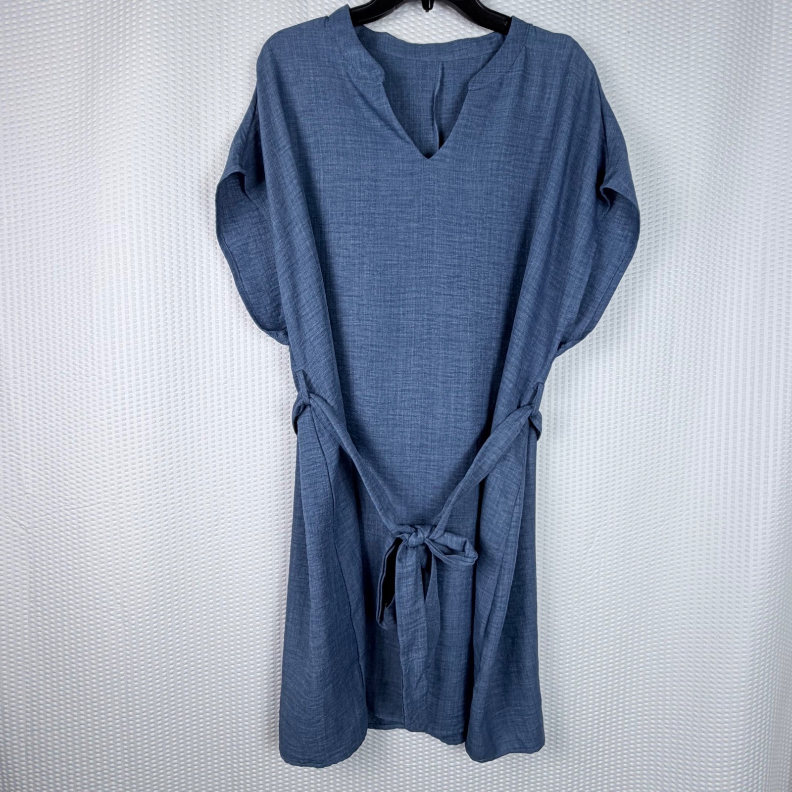 Women’s Denim Blue Split V-Neck Cap Sleeve Back Tie Tunic Dress 2XL Plus Size