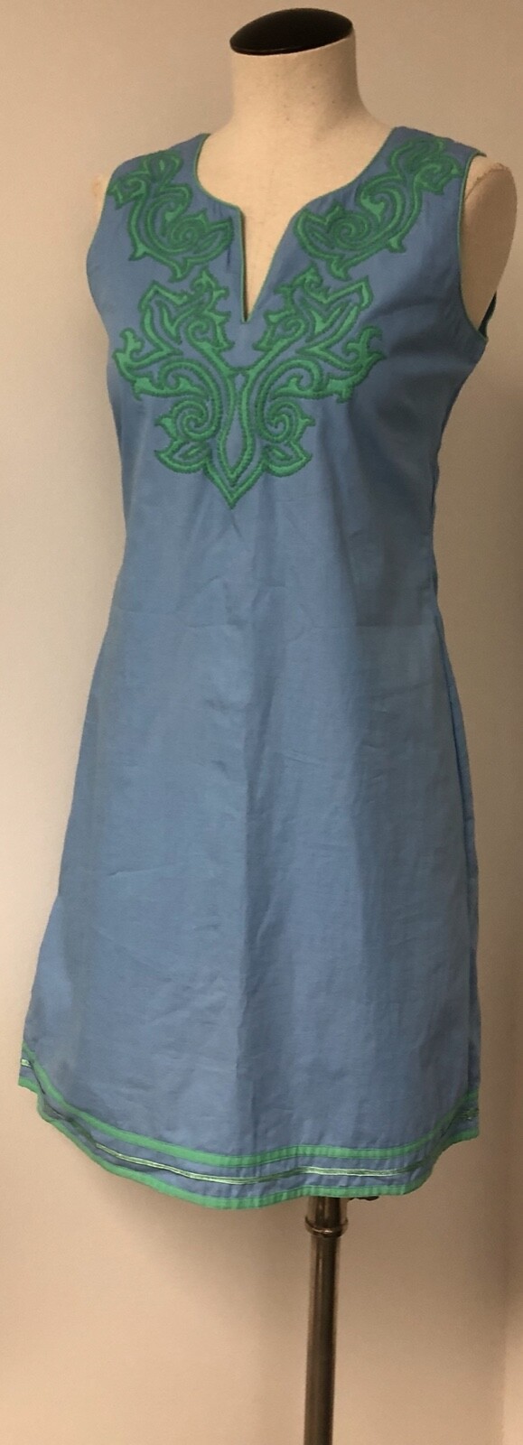 BELLA TU JEANNE D GOPI VAID TUNIC STYLE BLUE W GREEN EMBROIDERY 100% COTTON SZ S