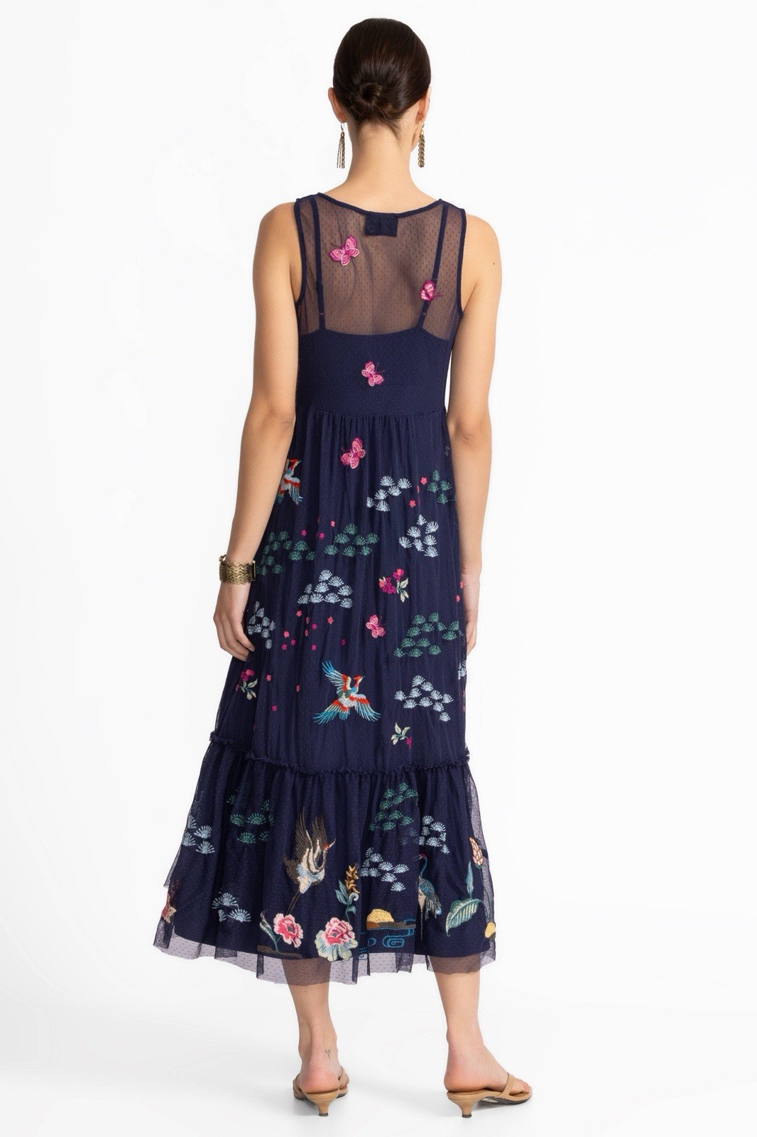 NWT $425 Johnny Was blue nights Zinoviah Mesh Dress & Slip embroidered floral S