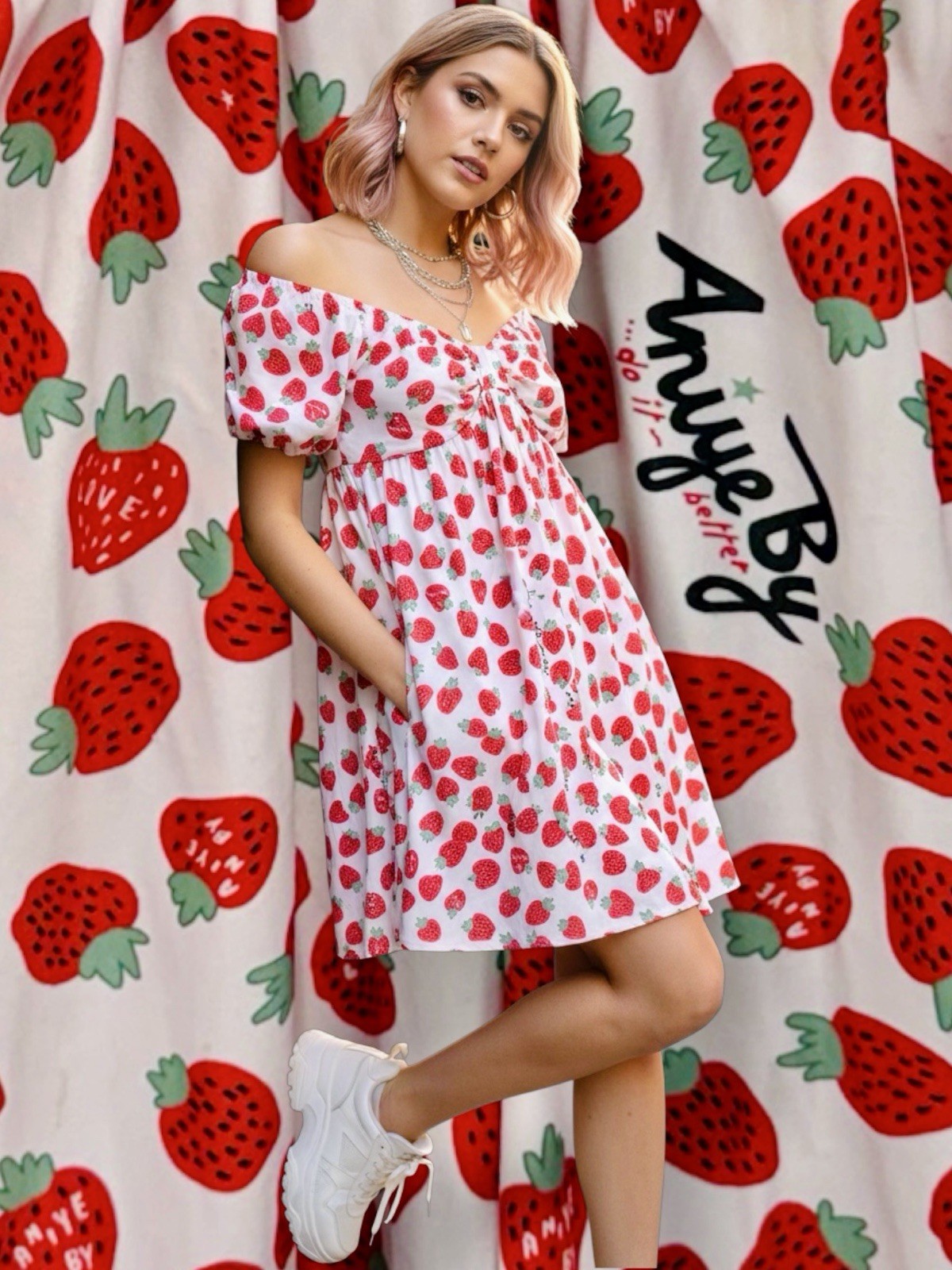 Aniye By Italian Strawberry Print Puff Sleeve Mini Coquette Dress IT 42 / US 6