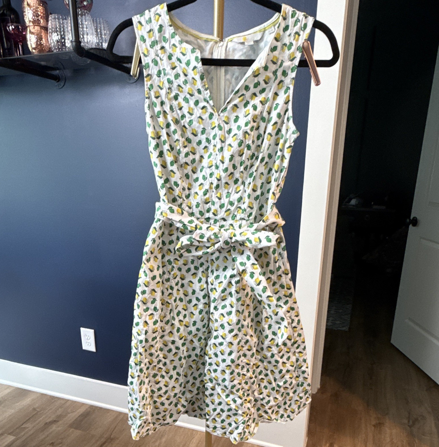 Boden 4R White Yellow Green Lemon Print Fit & Flare Dress V-Neck Bow Zip Knee