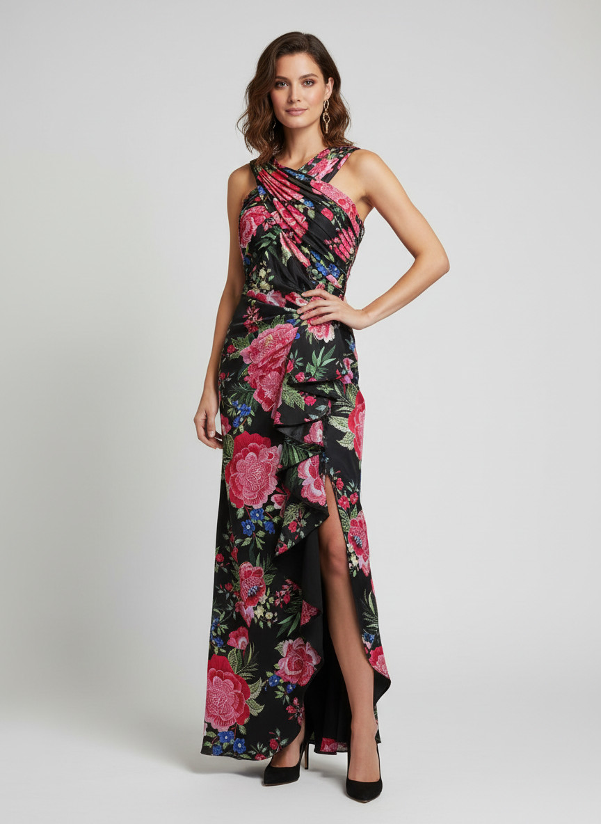 Tadashi Shoji Elarra Floral Evening Gown Waterfall Flounce Small NWT