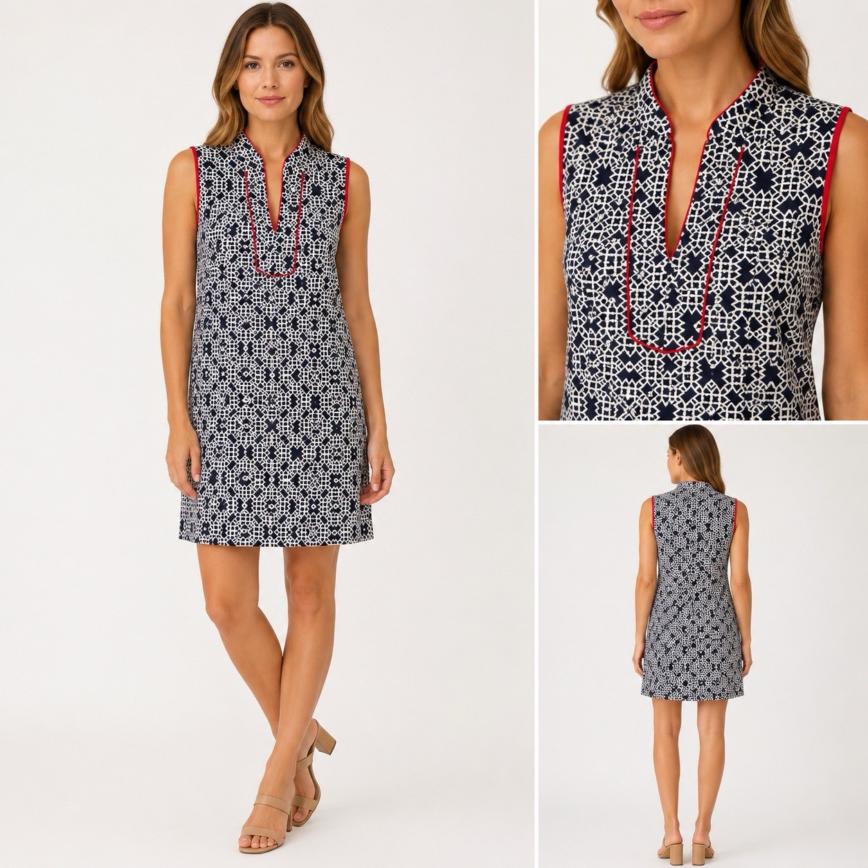 Eliza J Women’s 14 Sleeveless Geometric Shift Dress Navy/Ivory/Red Trim