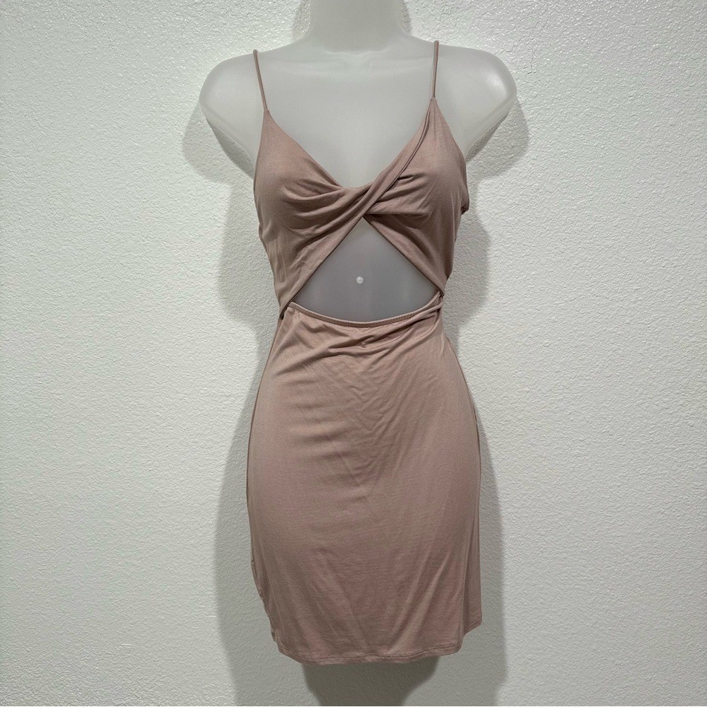 NWT beige cut out twist top cami spaghetti strap bodycon fitted dress