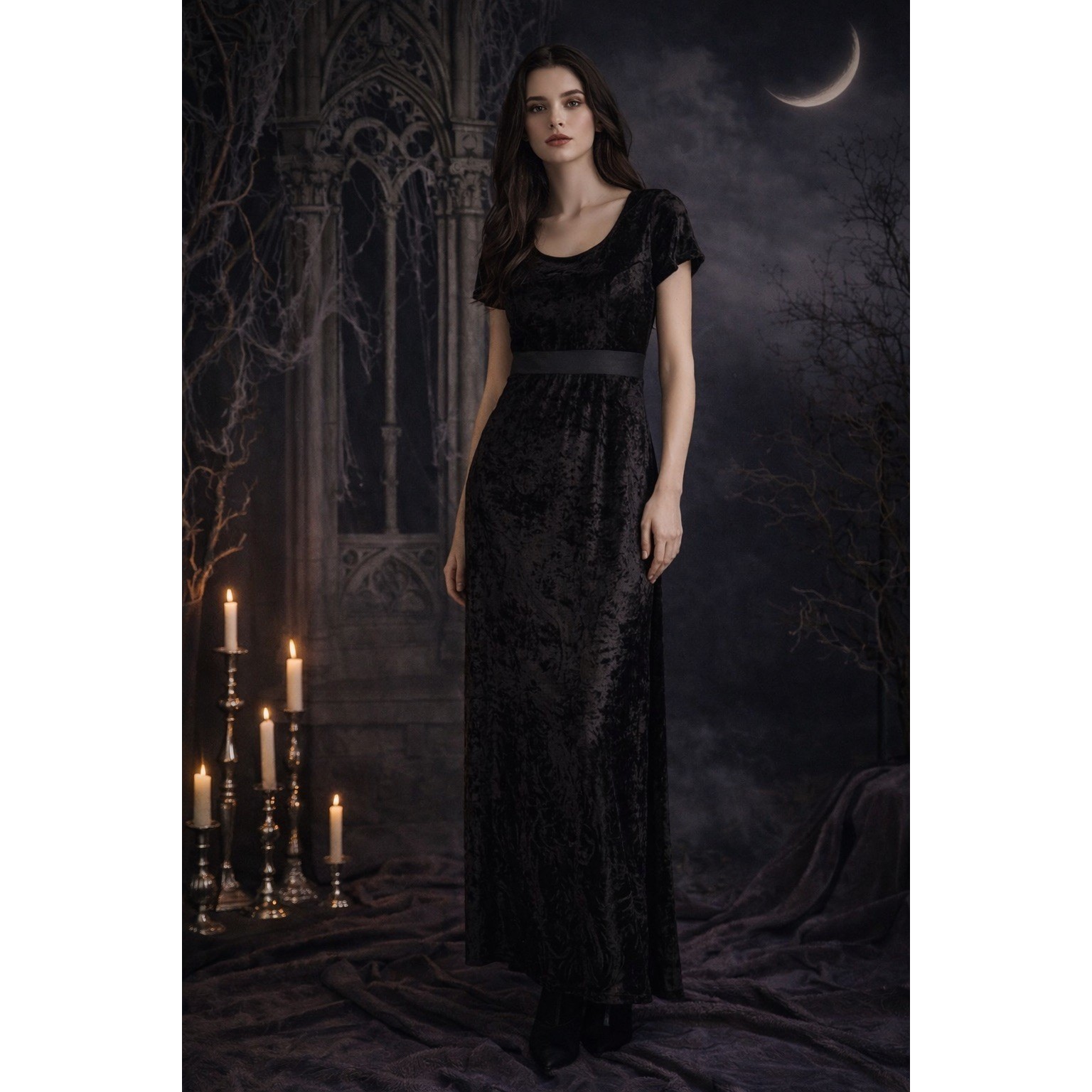 Lulus Black Crushed Velvet Maxi Dress Sheer Mesh Waist Goth Short Sleeve Medium
