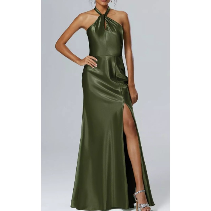 AW BRIDAL Sz 4 S green olive Lawrence crystal satin halter maxi dress NEW B57