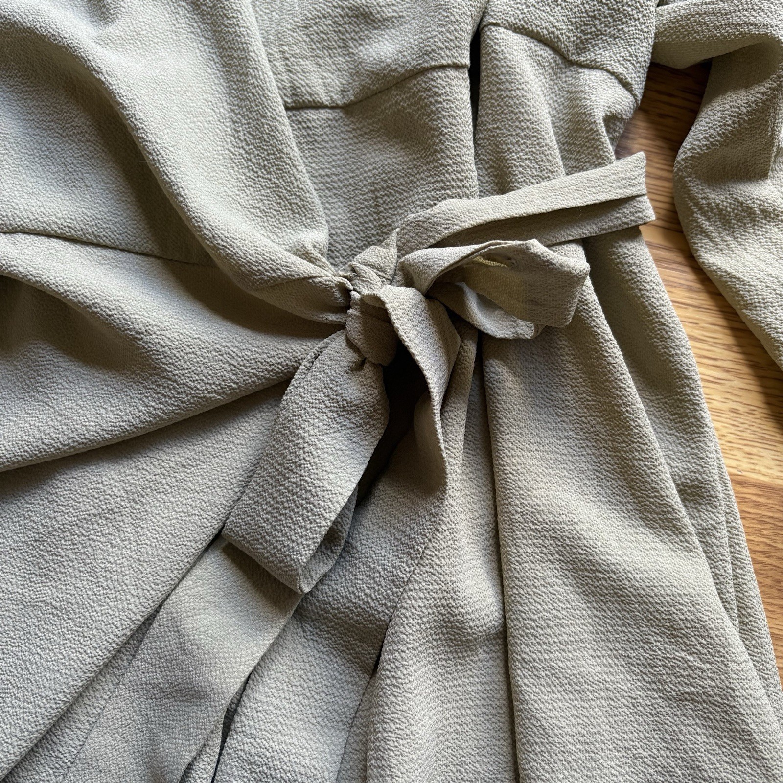 ASOS DESIGN Textured Khaki Wrap Mini Tea Dress Long Sleeve Tie Waist US 12 NEW