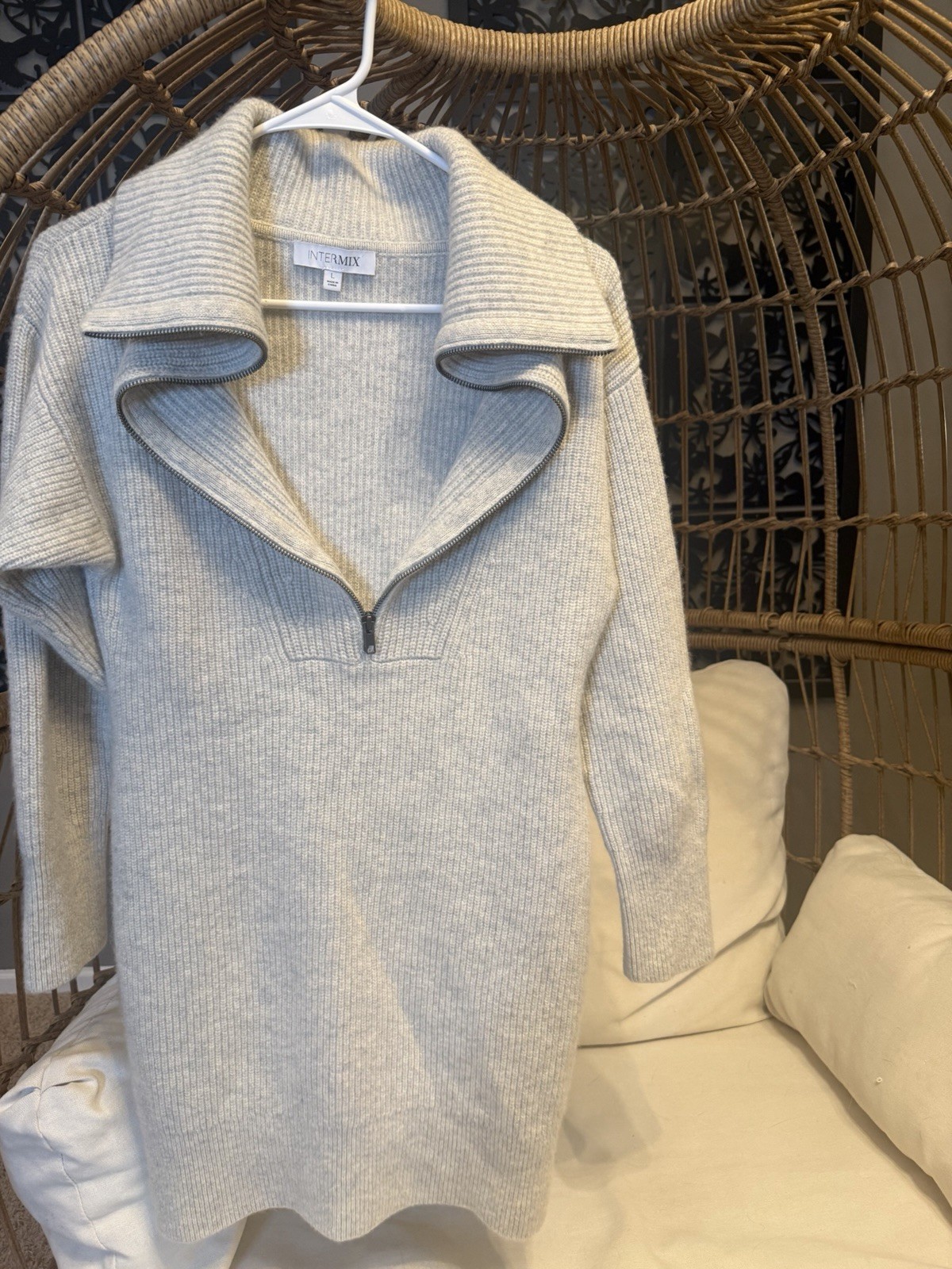 INTERMIX Jasper Half-Zip Sweater Dress Grey Sz Large Wool Cashmere Blend