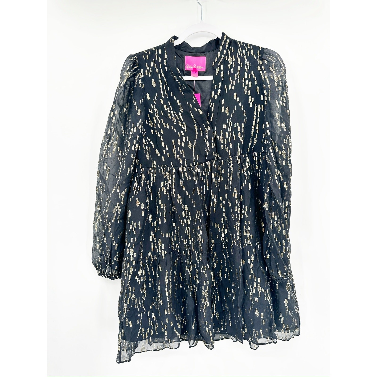 Lilly Pulitzer Winona Silk Swing Dress – Onyx Fish Clip Gold Chiffon S NWT