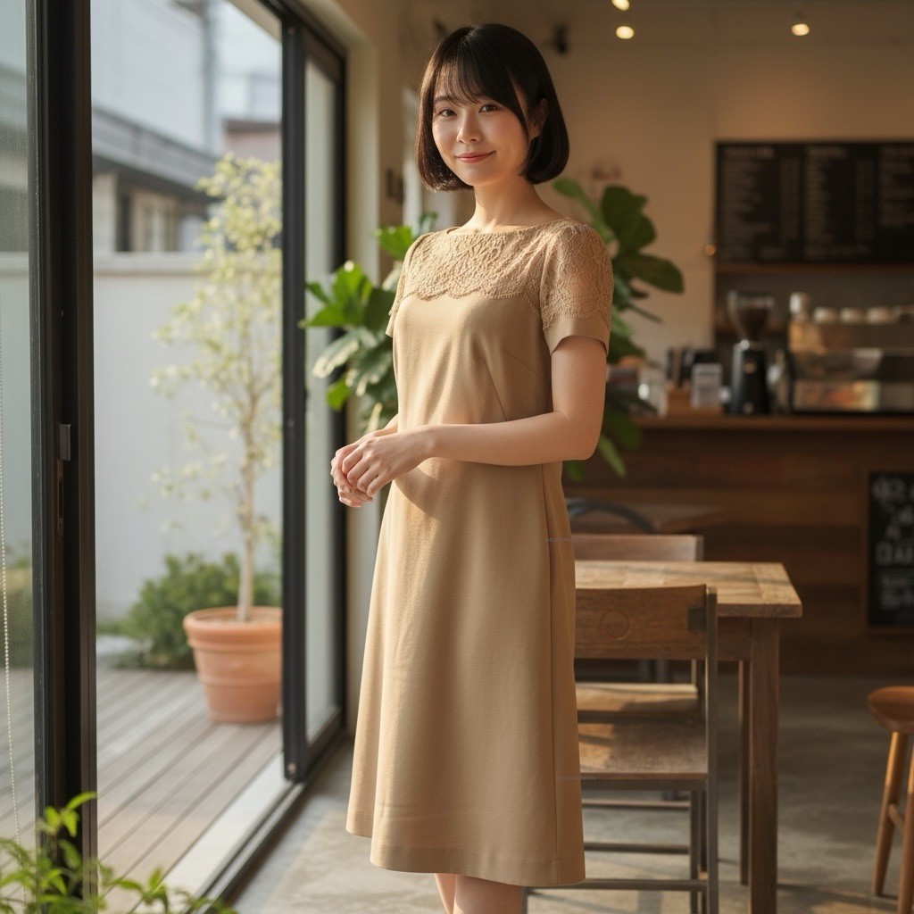 MOCASSIN JUNKO SHIMADA Embroidery Lace Stretch Dress New Light Camel 2