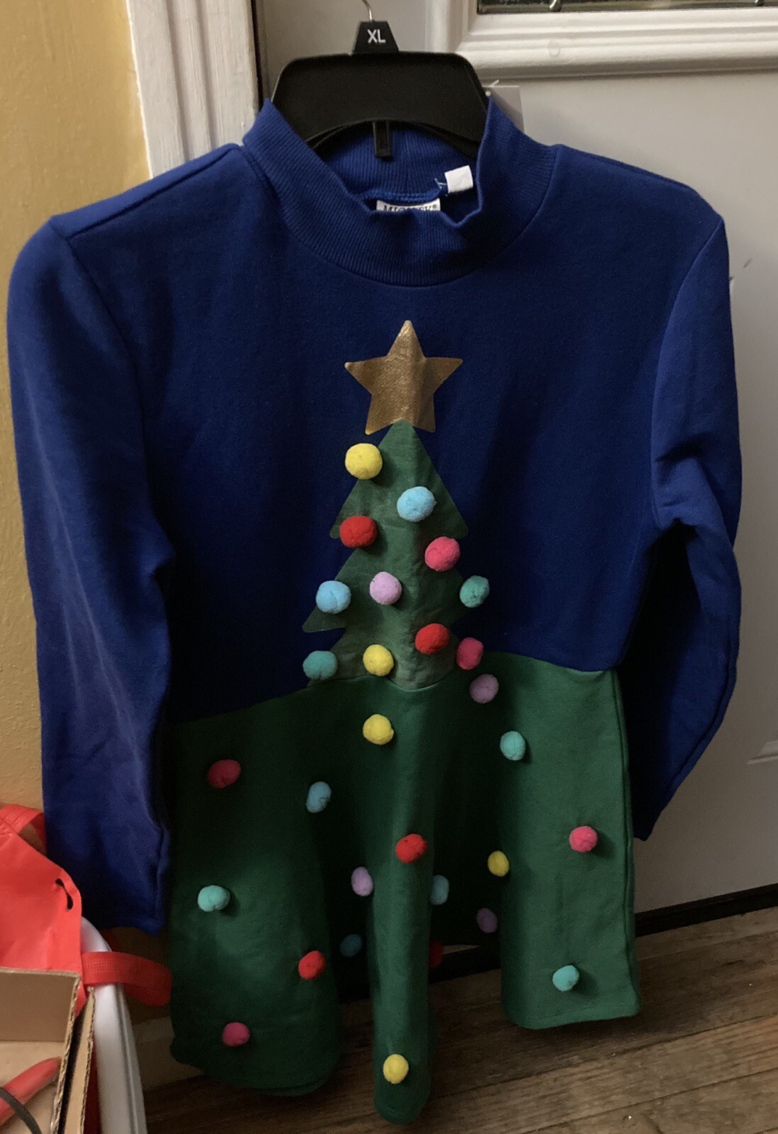 Women Medium Mighty Fine Nwt Xmas Tree Blue Green Tree Pom Pom Sweatshirt Dress