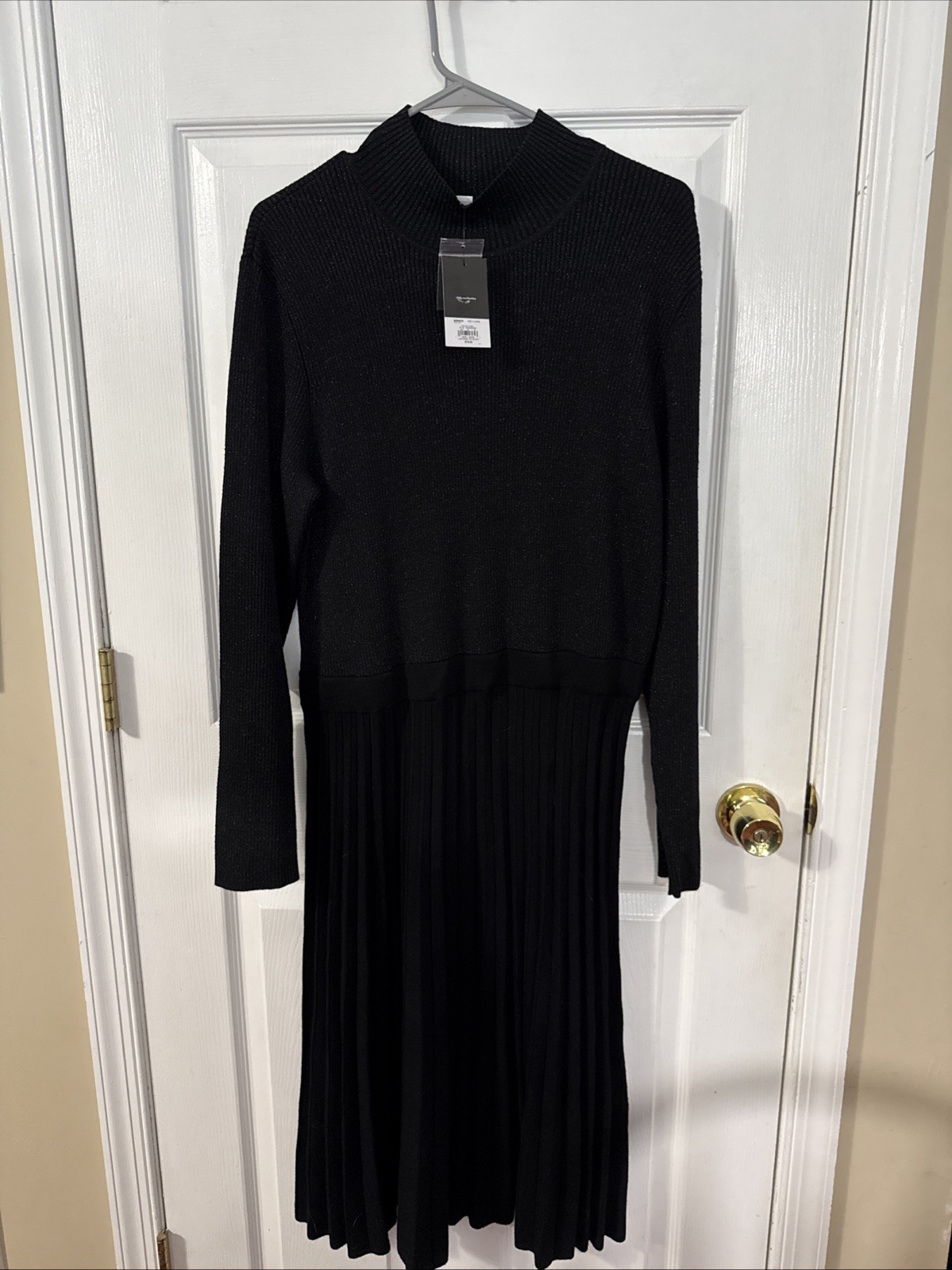 NWT Nine West Black Knit Sweater Dress Mock Neck Pleated Midi Long Sleeve XL