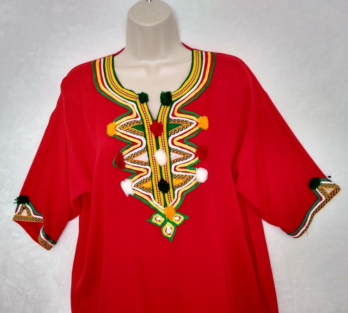 Moroccan Kaftan Gandoura Berber Clothes Handmade Dress Bohemian Red Ribbon Women