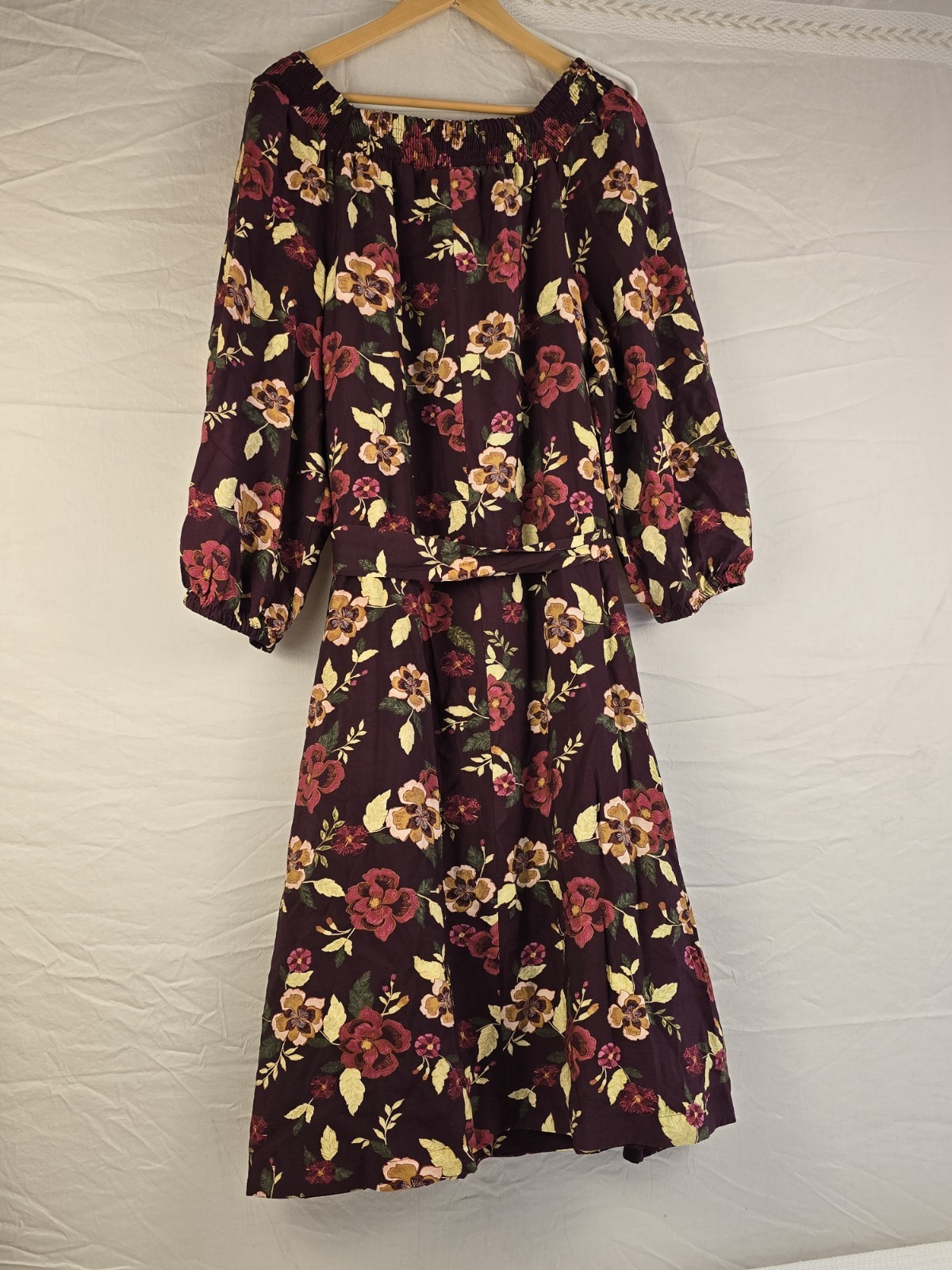 Lane Bryant Purple Floral Smocked Square Neck Belted Lined Midi Dress 14/16