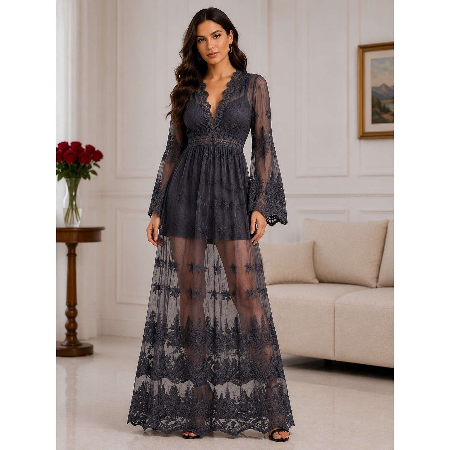 Mustard Seed Charcoal Grey Lace Sheer Maxi Dress Bell Sleeve Romper Lining M