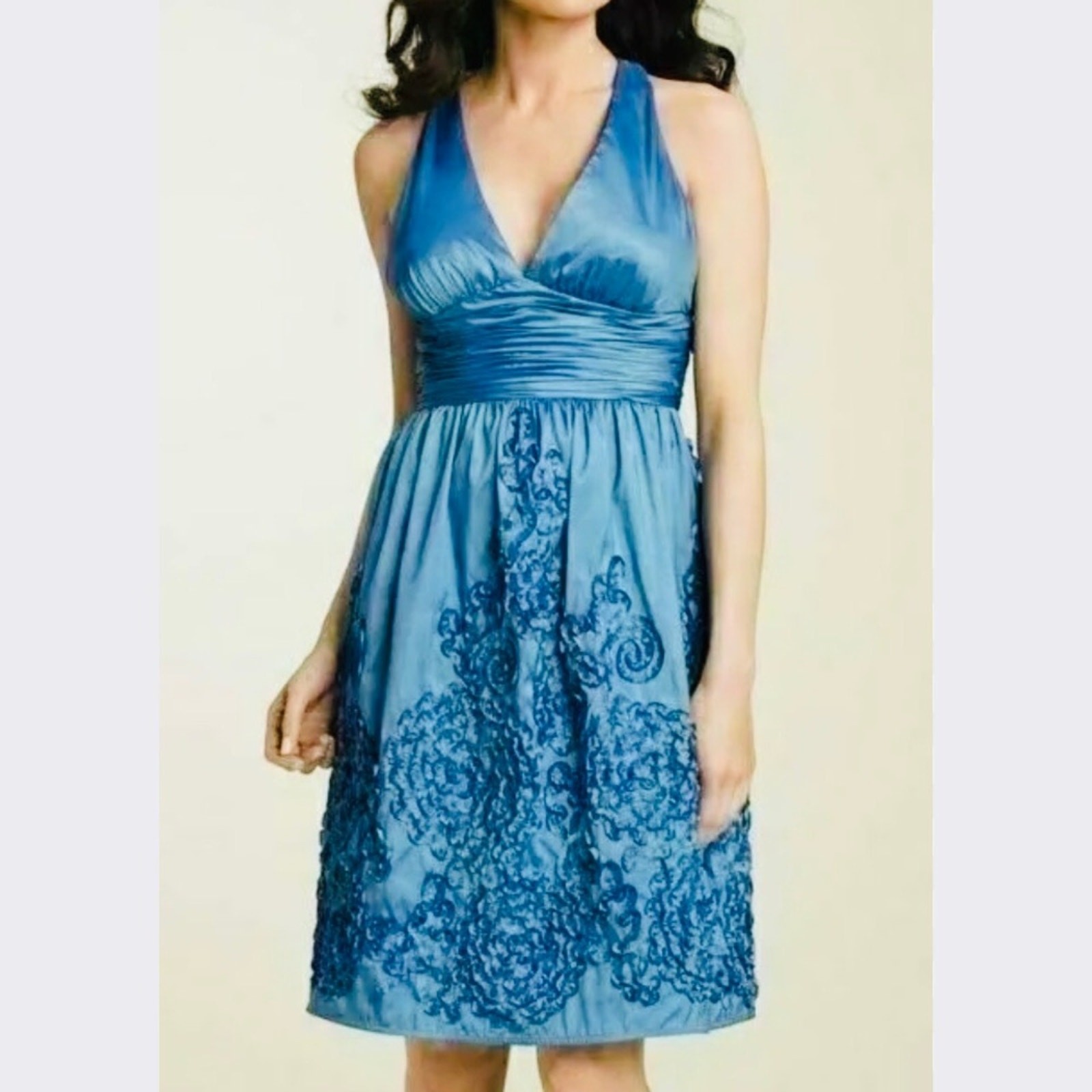 Adrianna Papell halter dress rosette blue cocktail sz 8/10(runs small)