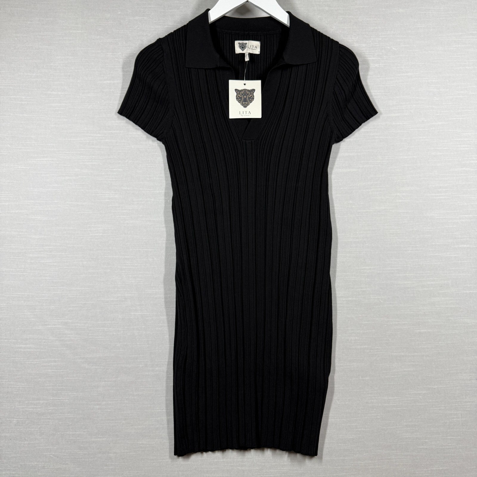 Lita by Ciara Dress Women L Black Knit Ribbed Bodycon Minimalist Collar L634-1