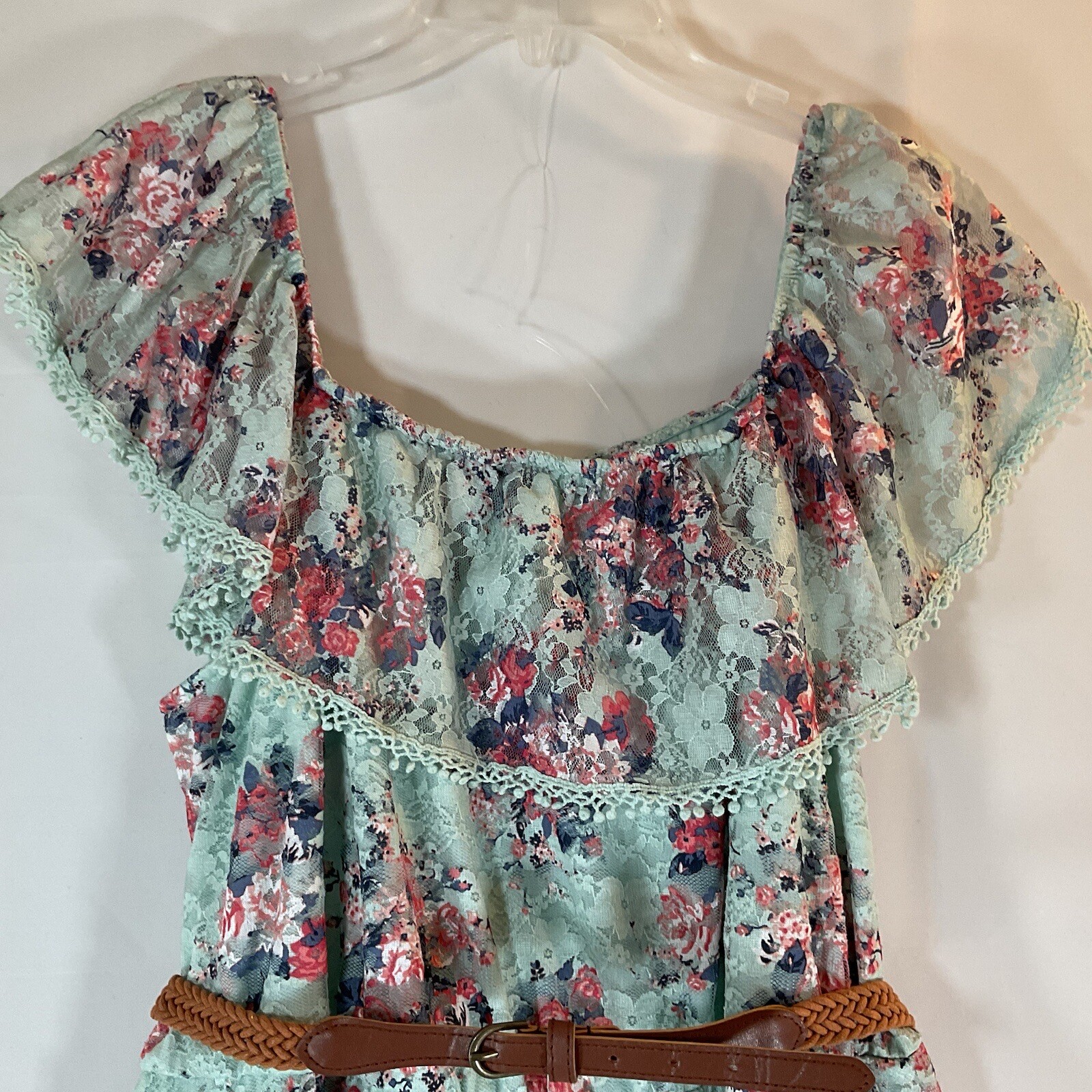 No Bounderies Aqua/Mint Blue Floral Lace dress with Belt, Junior size XXL