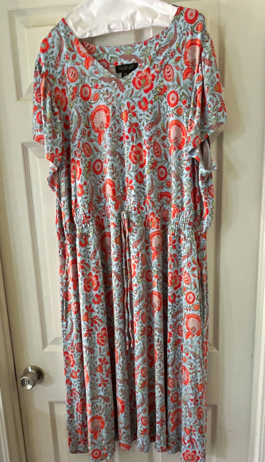 Rachel Zoe Blue Orange Floral Round Neck Short Sleeve Tie Waist Midi Dress 2X