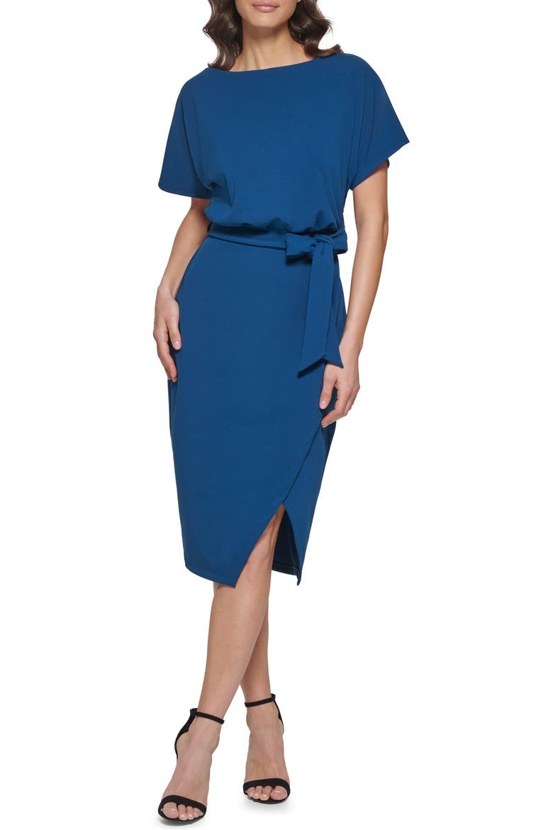 Kensie Wrap Midi Dress 14 Blouson Sheath Belted Teal Blue NWT $98