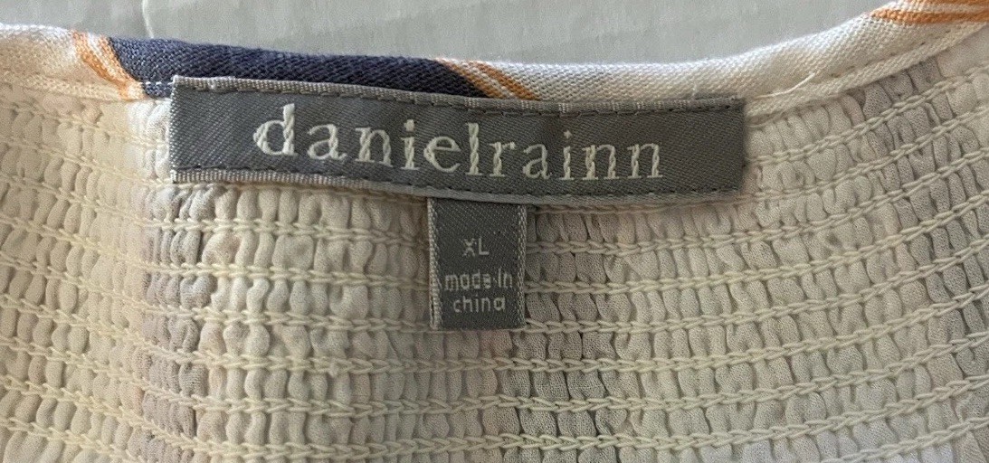 danielrainn White Navy Orange Striped Smocked Pom-Pom Lined Dress XL