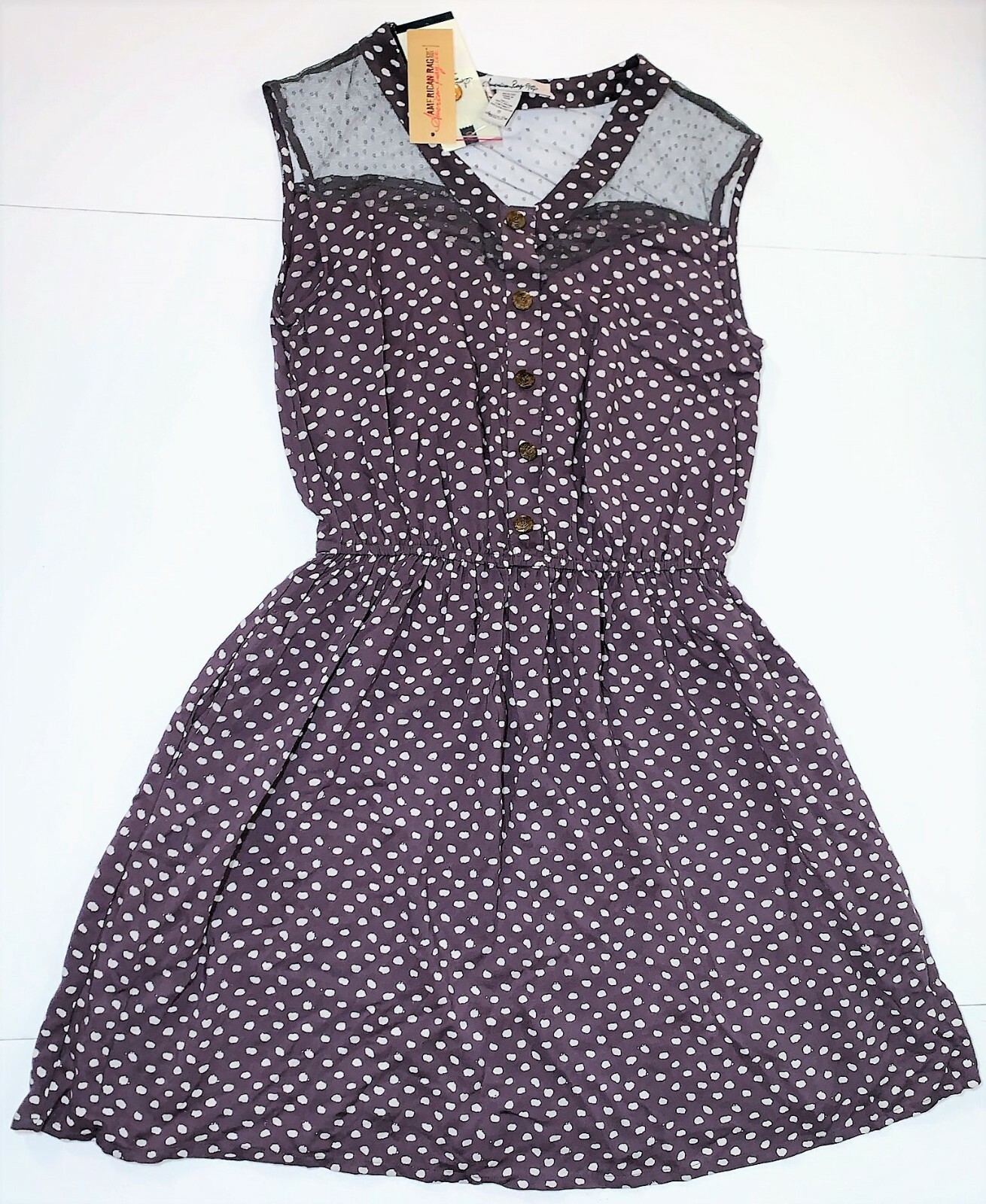 NEW American Rag Cie Gray Polka Dot Sleeveless Sheer Trim Sun Dress Women’s S