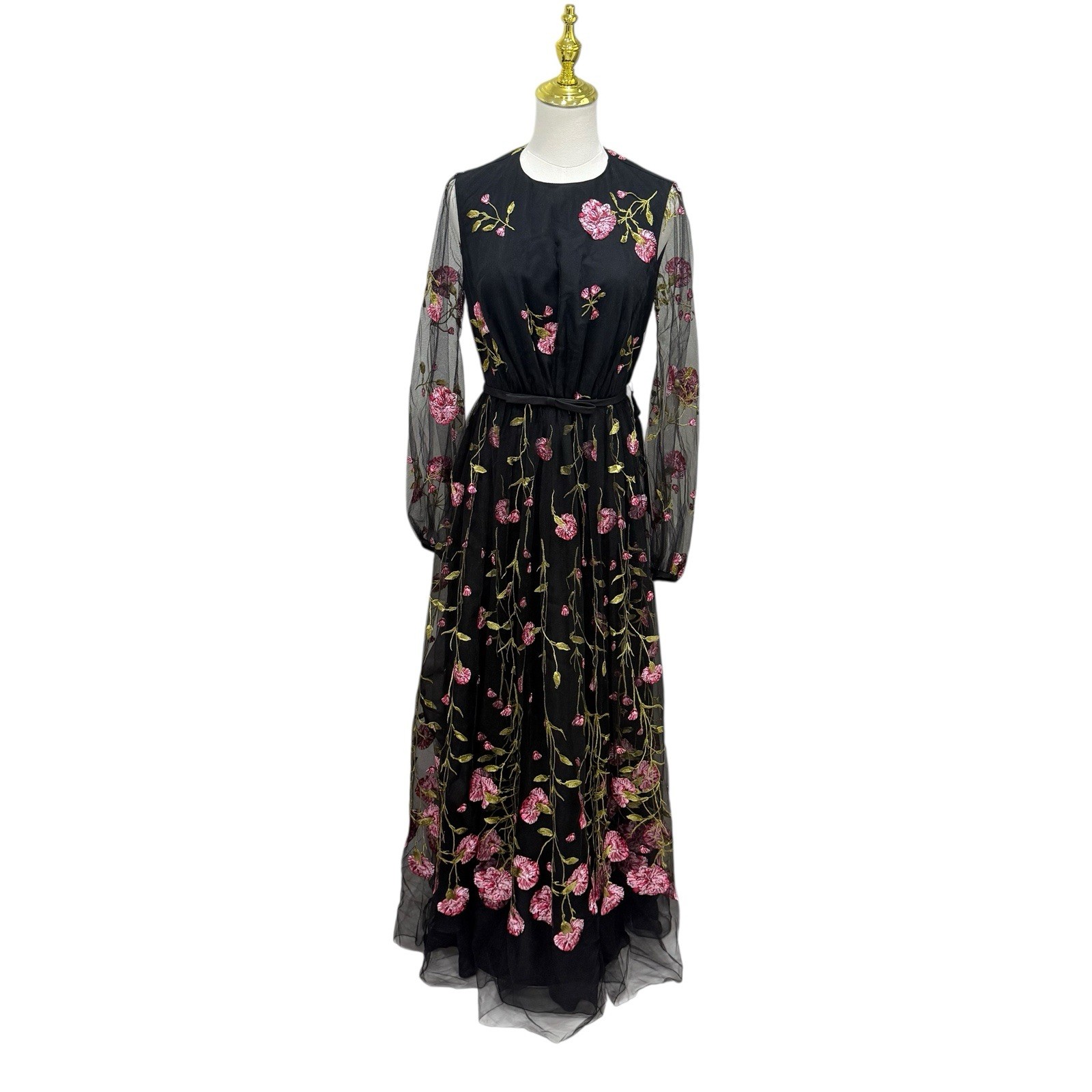 GIAMBATTISTA VALLI Carnation Embroidered Long Sleeve Maxi Dress Black/Rose SZ 4