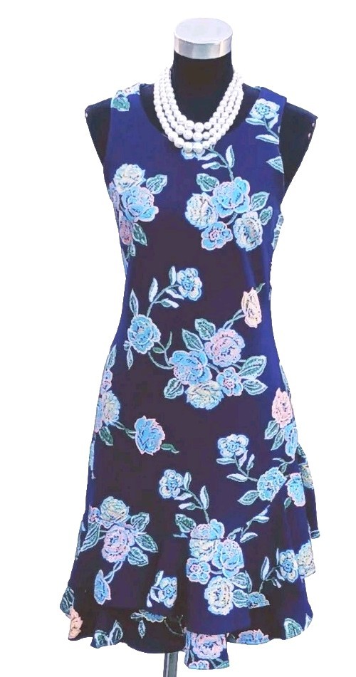 Signature Bobbie Bee Dress L Blue White Green Beige Pink Fit & Flare Midi 10 12