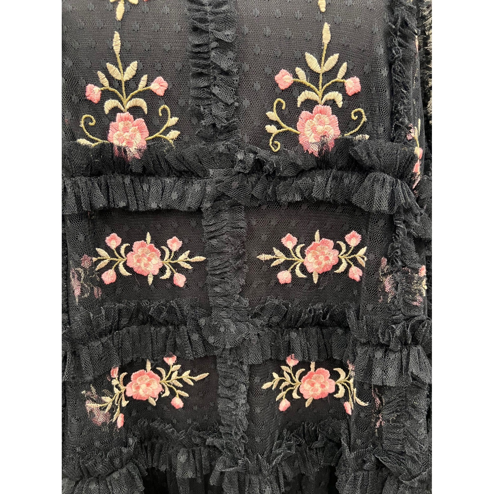 Mac Duggal Mini Dress Womens 8 Black Pink Floral Embroidered Tulle Tiered Ruffle