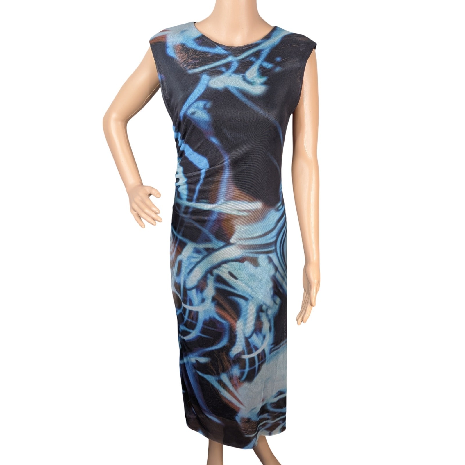 Commense Abstract Marble Mesh Dress L | Ruched Avant Garde Y2K Midi Bodycon