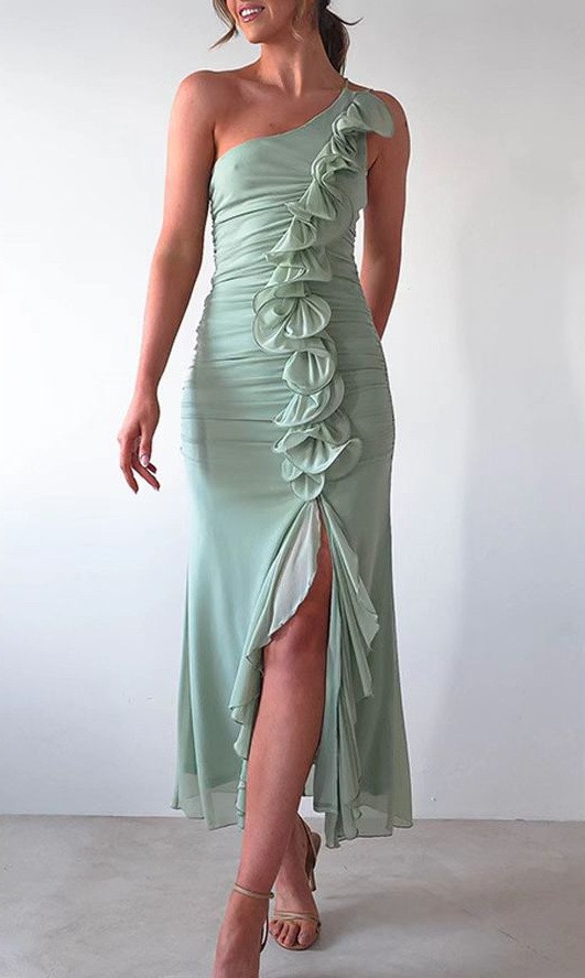 Romantic Sage Ruffled One-Shoulder Dress