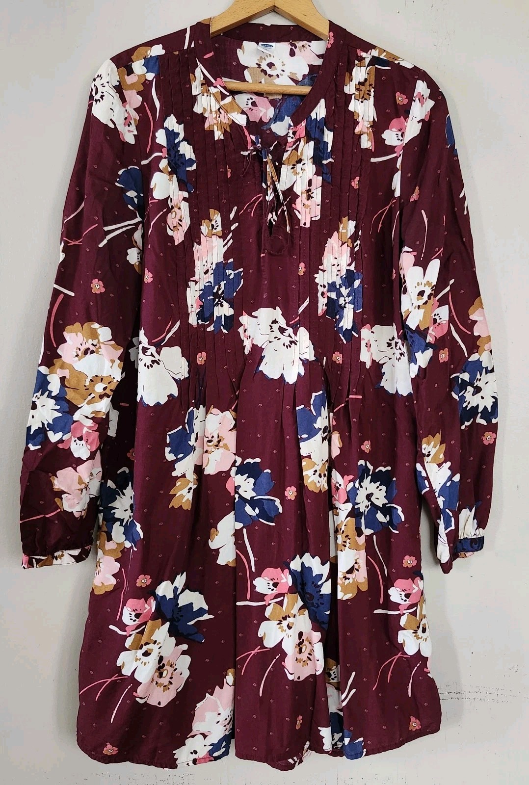 OLD NAVY Womens L Peasant Dress Maroon Floral Lace Up Pleated Boho Long Sleeve