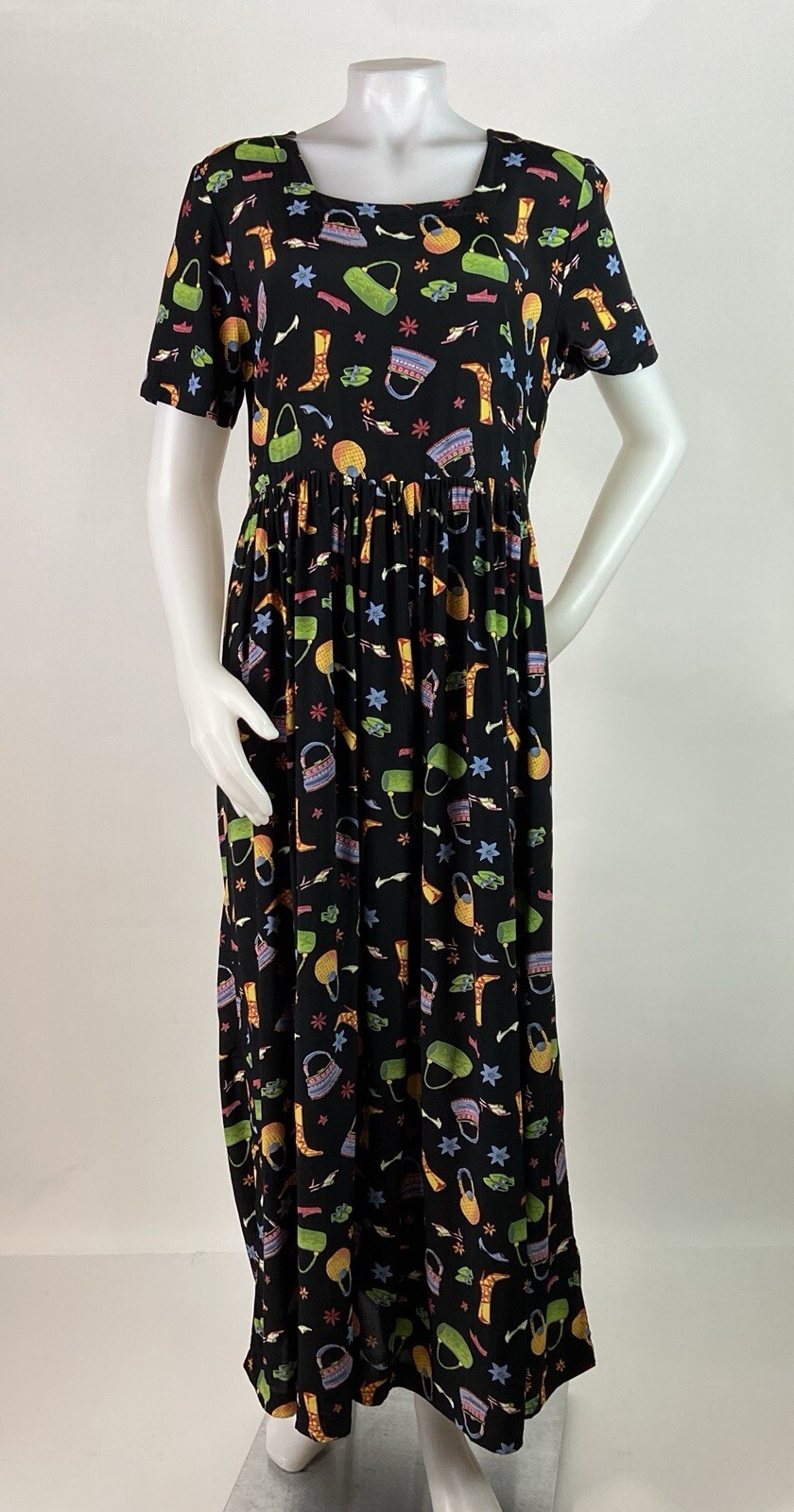 Coldwater Creek Size Medium Black Maxi Dress Shoe Purses Handbags Print Vintage