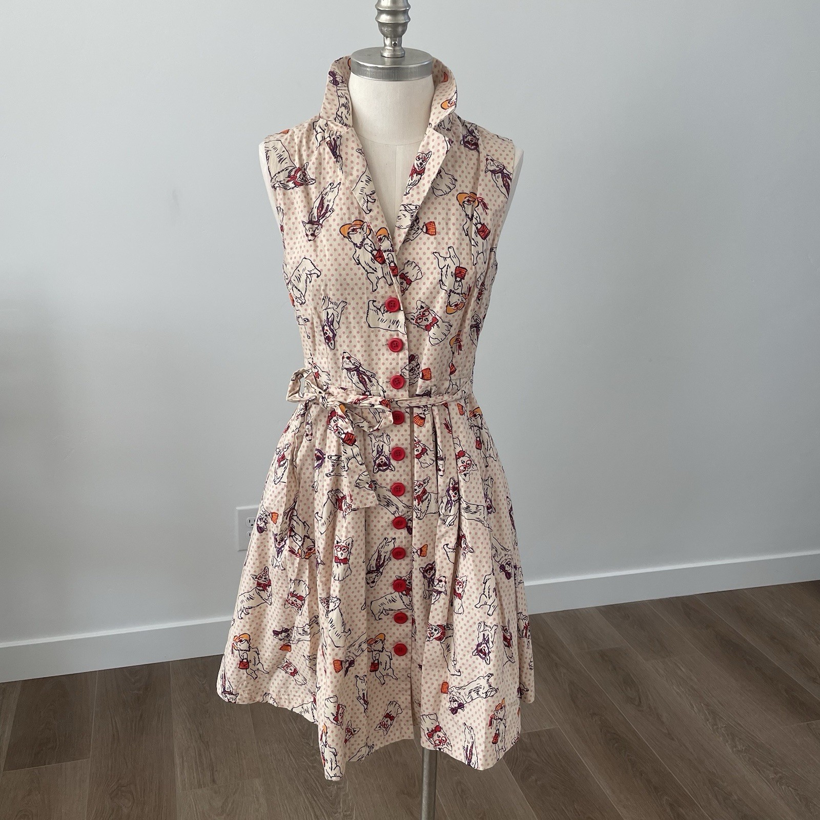 MODCLOTH Cream Polka Dot Community Brunch Bespeckled Corgi Dress MED With Belt