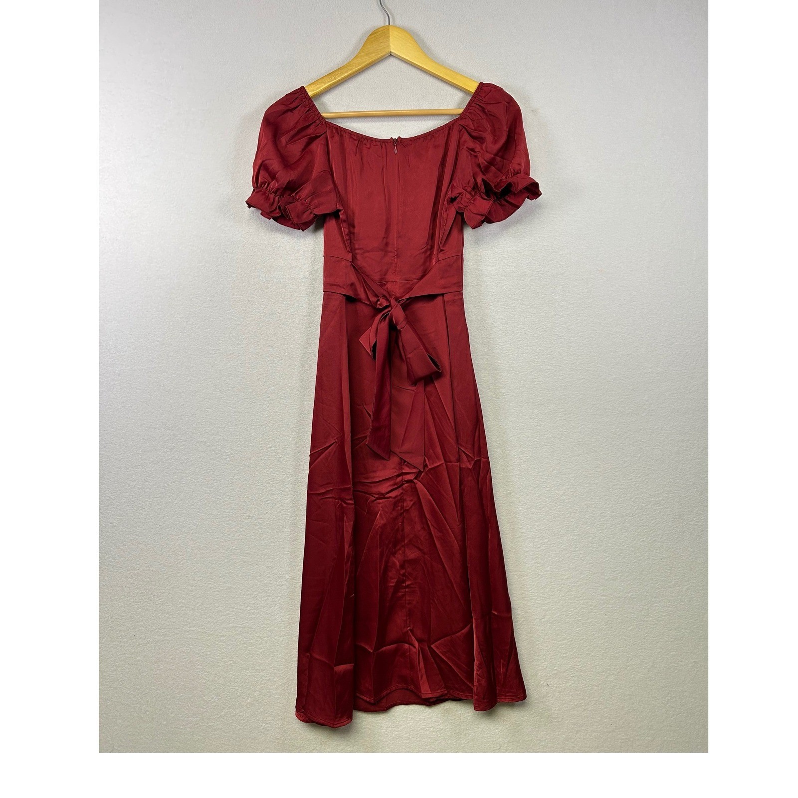 Kirundo Midi Dress Womens Small Burgundy New Puff Sleeve Satin A-Line Romantic