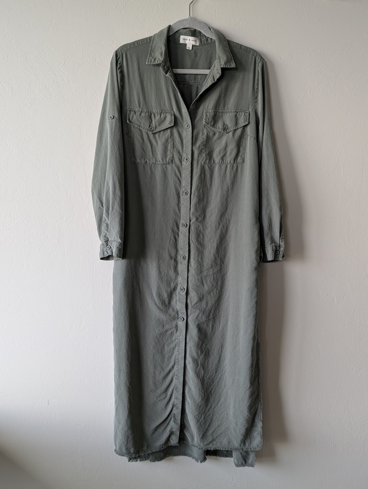 Cloth & Stone Olive Green Maxi Shirt Dress 100% Tencel Lyocell Size M