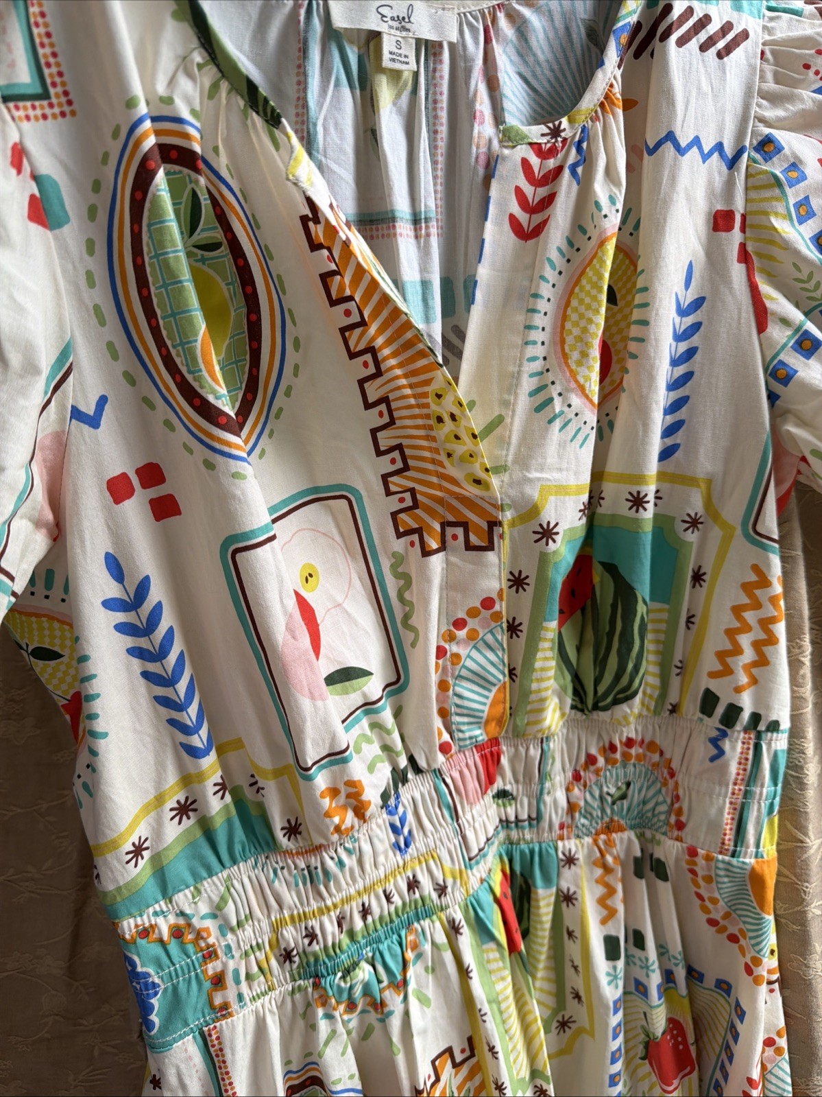 Easel Fruit Print Cotton Tiered Midi Dress Small Short Sleeve Garden Cottagecore