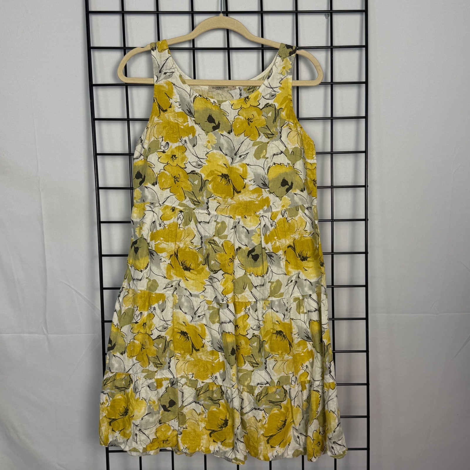 Valentina Naldi Tiered Dress Womens Small Yellow Floral Linen Sleeveless Italy