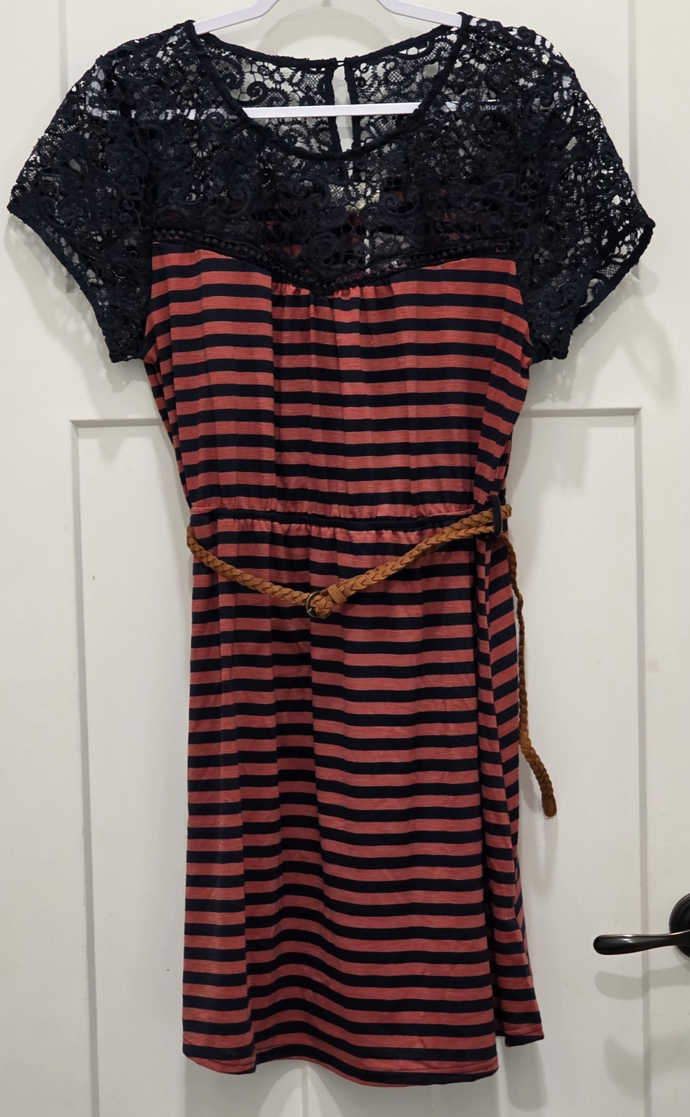 PERCH BY BLU-PEPPER Lace Yoke Blue Striped Belted Dress Cap Sleeves 3XL