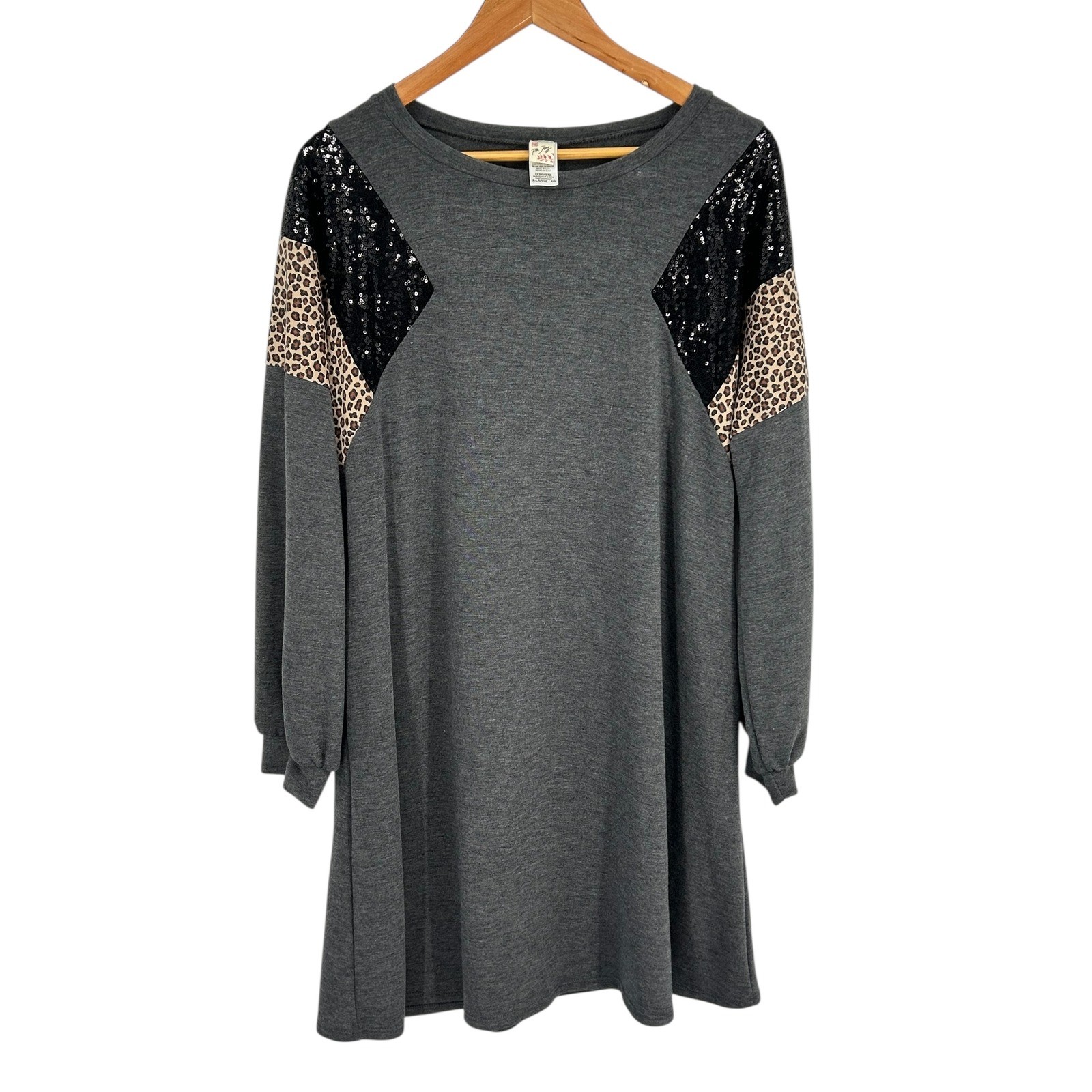 7th Ray Grey Long Sleeve Dress XLarge Sequin Leopard Print Crew Neck
