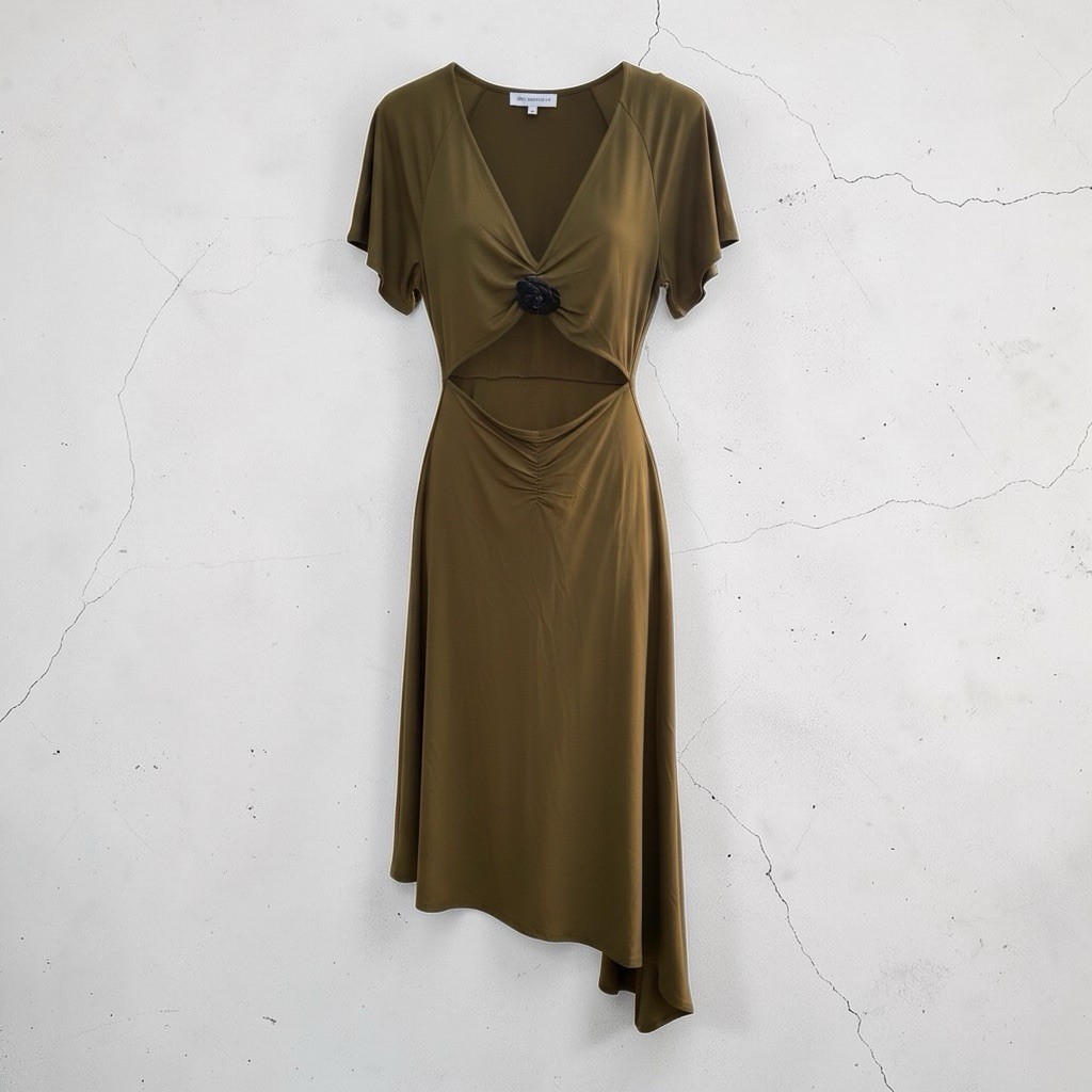 NWT WeWoreWhat Olive Cutout Midi Dress Women M Asymmetrical Hem Rose Detail