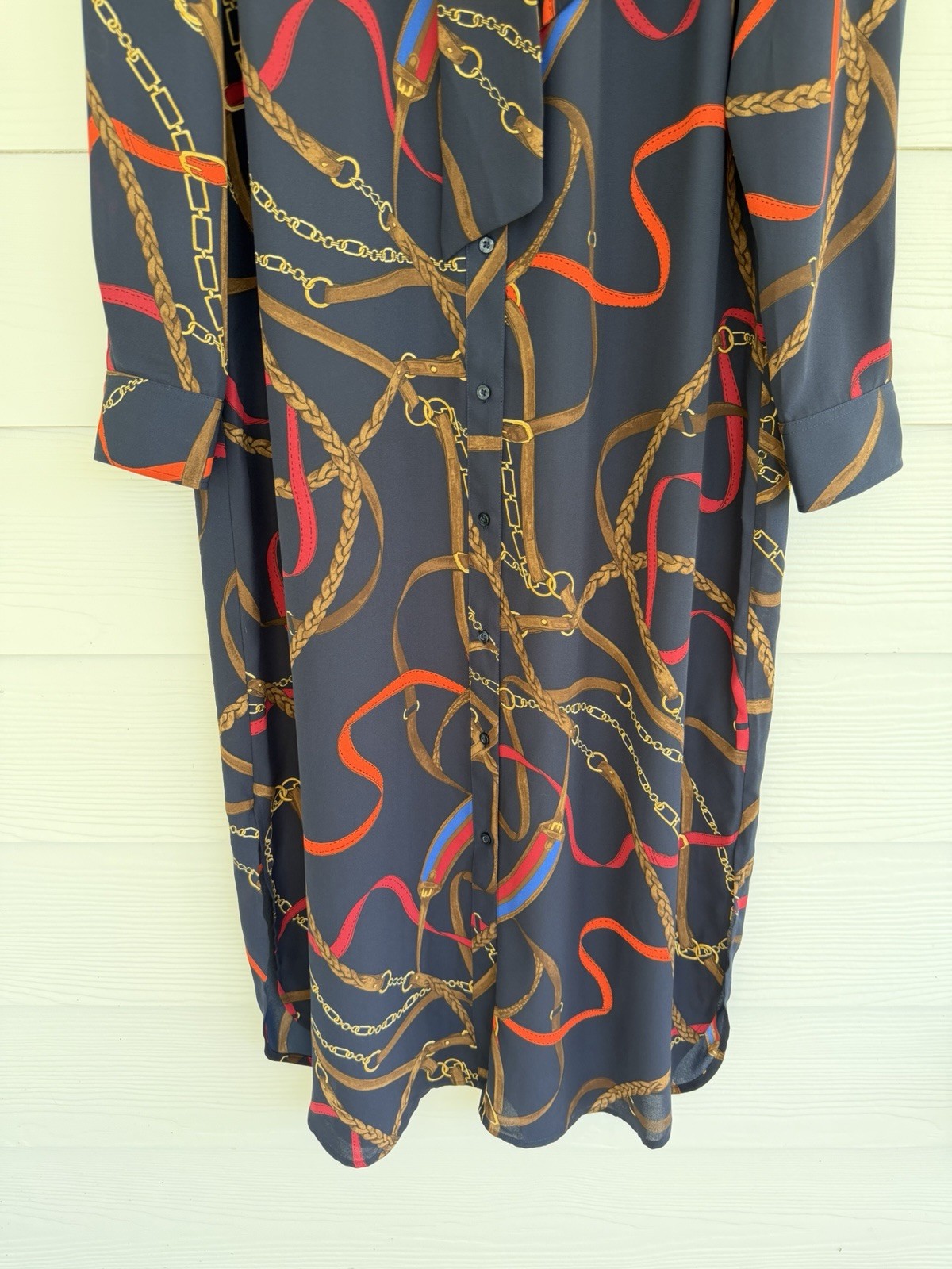 Ralph Lauren Georgette Equestrian Chain Print Tie Neck Midi Dress Navy 14 NWT