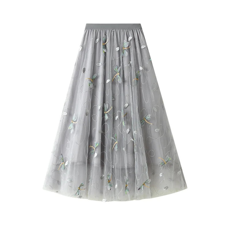 Dragonfly Embroidery Mesh Midi Long Skirt Women’s Spring Summer High Waist Fashi